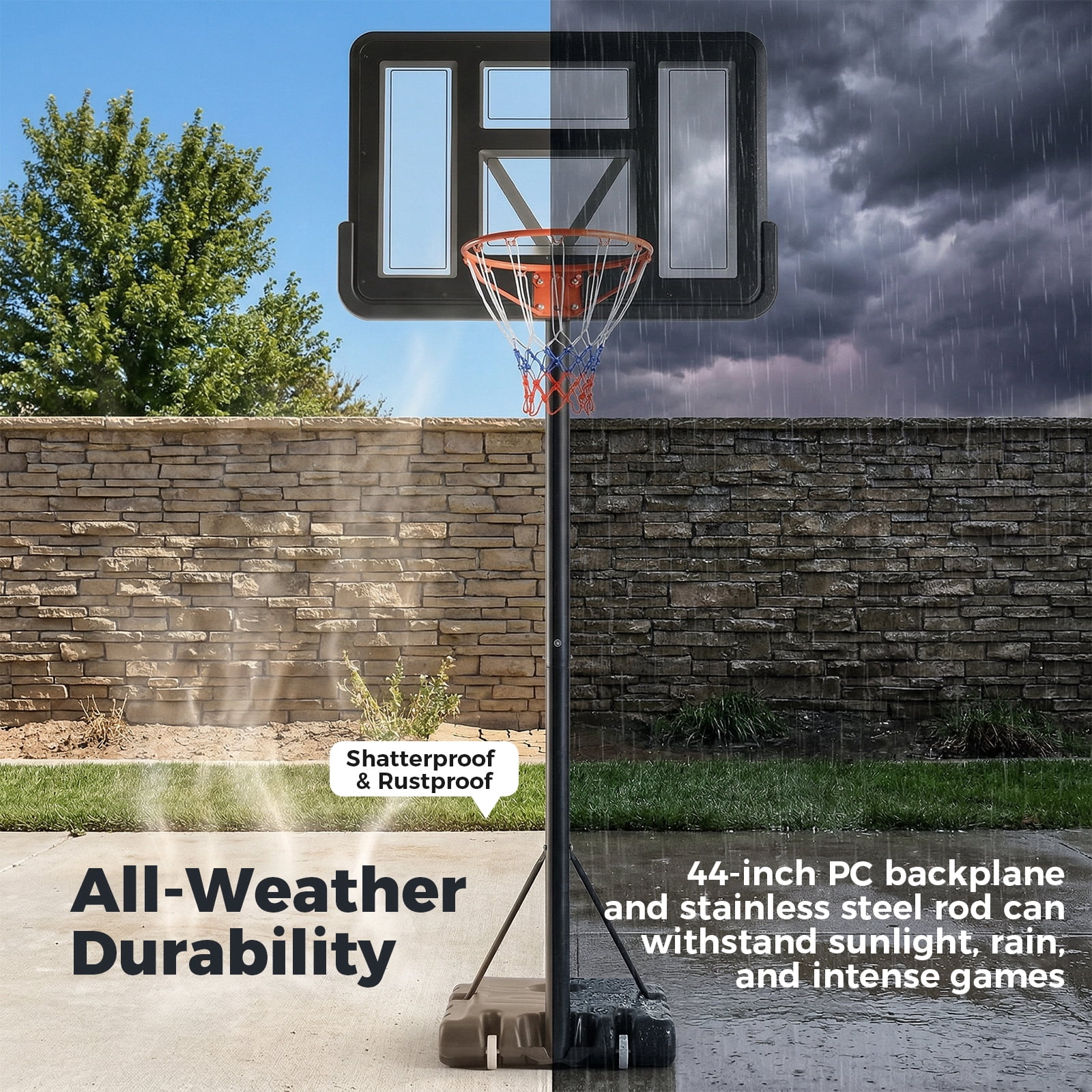 Alvantor 44" Shatterproof Backboard Basketball Hoop, 4.2-10ft Adjustable Height, Portable Outdoor Basketball Goal System for Kids & Adults, Black