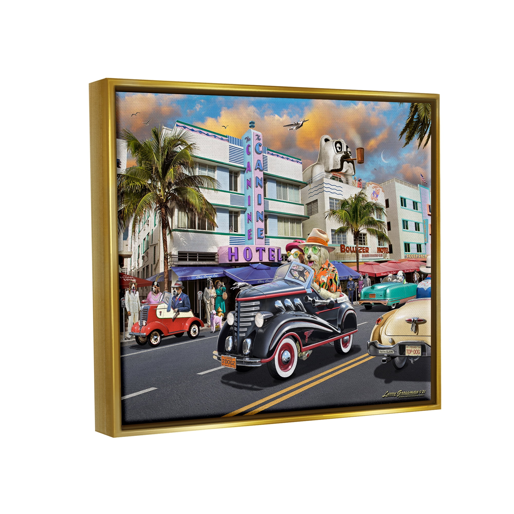 Stupell Industries Dog Days Miami Transportation Painting Gold Floater Framed Canvas Art Print Wall Art, 21 x 17
