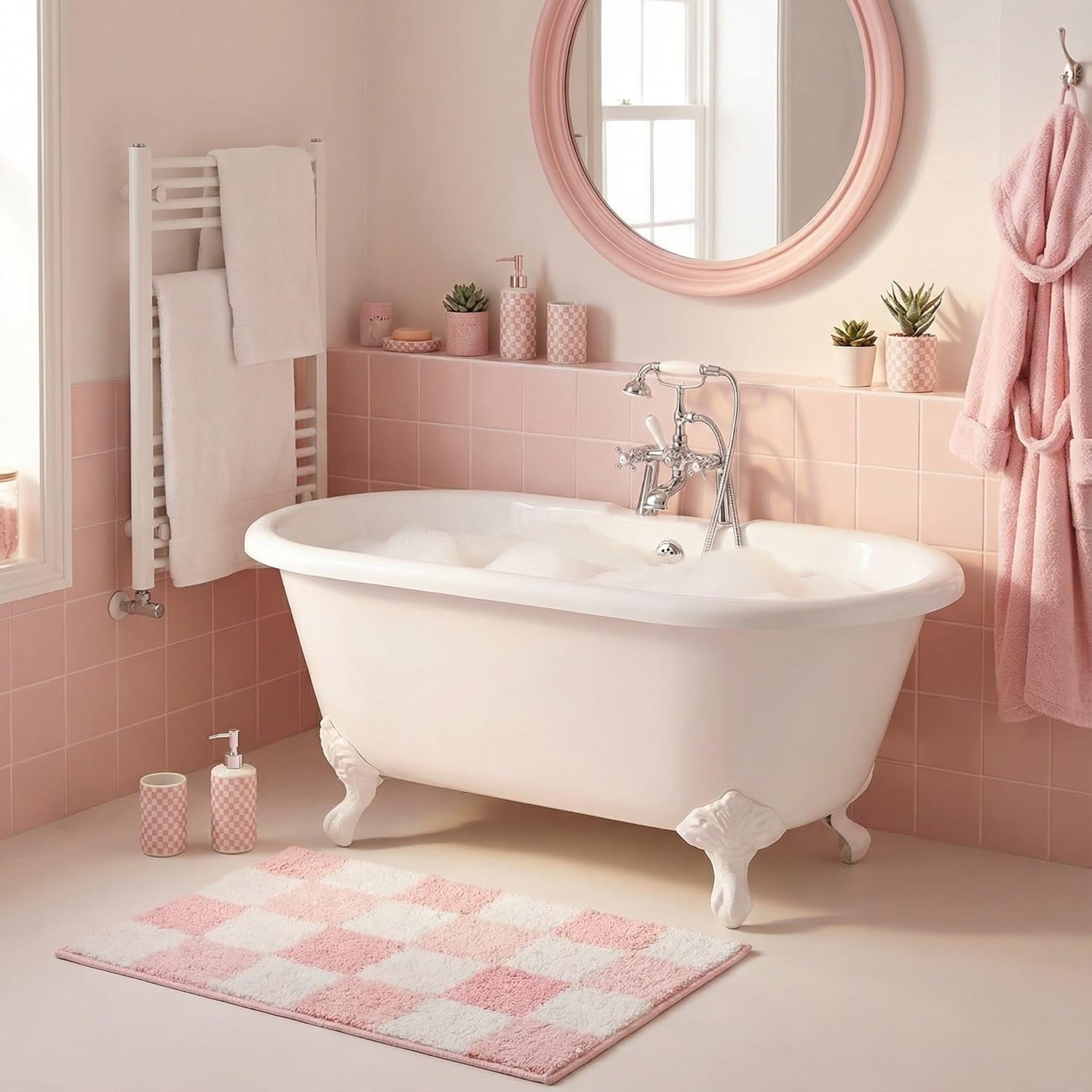 GRANNY SAYS Checkered Bathroom Rug, Absorbent Microfiber Ultra Soft Bath Mat Washable, Non-Slip Bath Rugs, 24" x 16", Pink