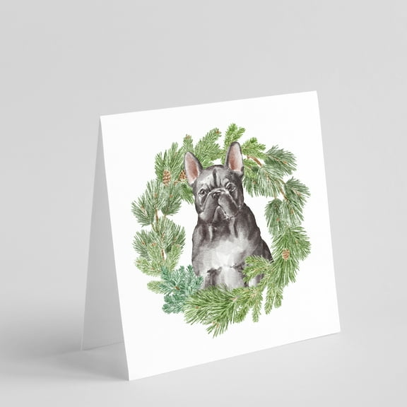 French Bulldog Black with Christmas Wreath Square Greeting Cards and Envelopes Pack of 8 5 in x 5 in