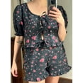 thumbnail image 6 of Yunliwuli Women Summer Shorts Outfits Floral Print/Patchwork/Stripe Tie-Up Short Sleeve Tops Elastic Waist Shorts 2 Pieces Clothes Set, 6 of 7