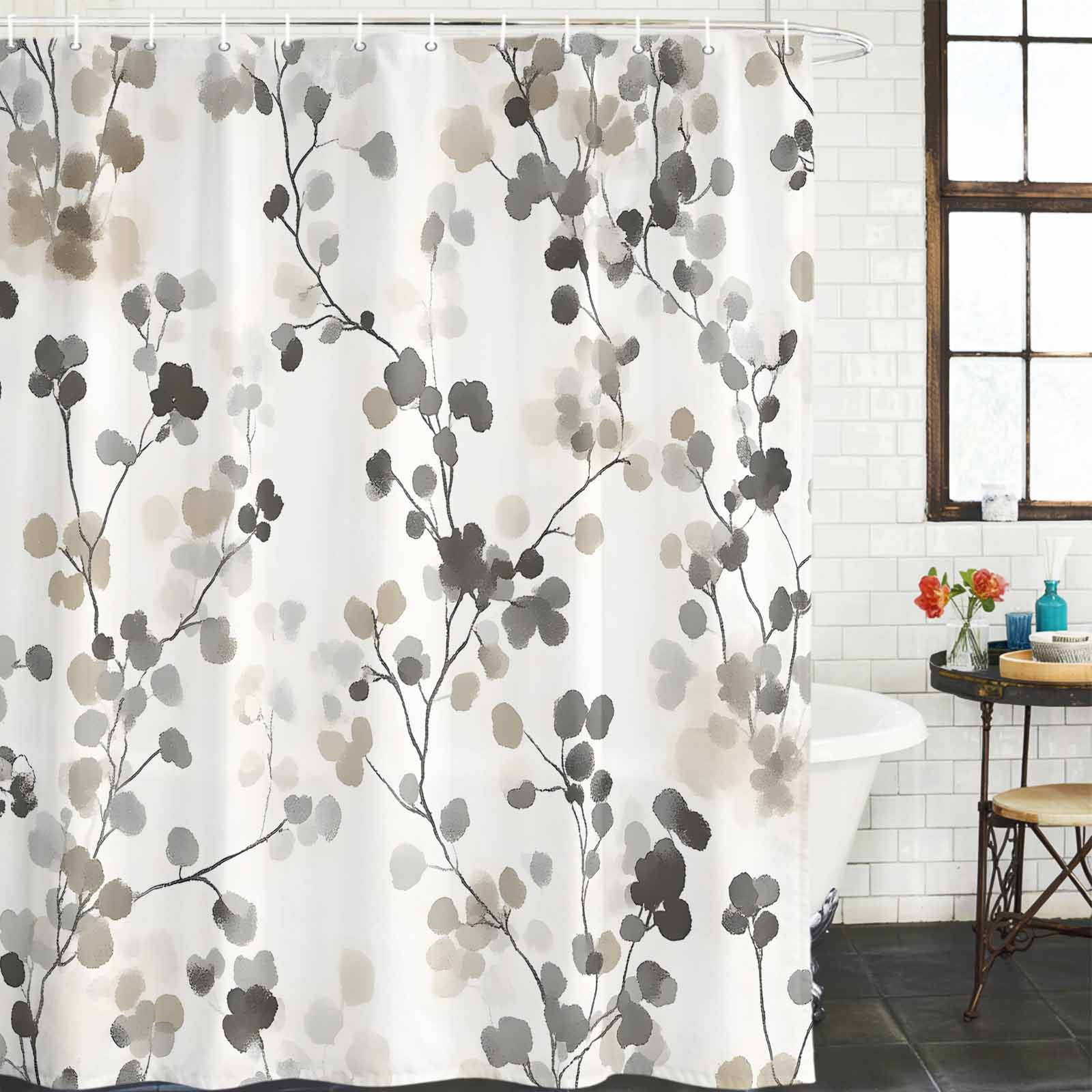 Shower Curtain Bathroom Set Gray Brown Botanical Watercolor Waterproof Fabric Shower Curtains with Grommets&Hooks, Retro Country Floral Leaves Privacy Bath Curtain for Bathtub 72x72in
