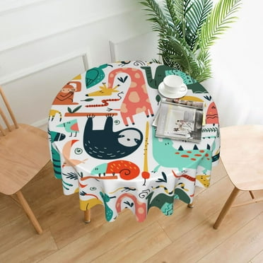 XMXT Waterproof Table Cloth, Creative Animal Illustration Polyester Round Tablecloth for Dining Room Party Decor Tablecloths, 60 inches