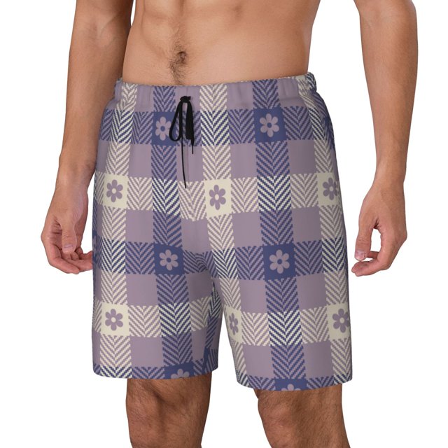 Fotbe Purple Floral Gingham Check Plaid Traje de Baño para Hombre – Shorts de Natación de Secado Rápido con Forro y Bolsillos-Large