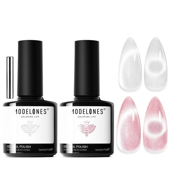 modelones Cat Eye Gel Nail Polish, 2 PCS 15ML Pink Sliver Holographic 9D Cat Eye Glitter Multichrome Silver Pink Shades Polish with Magnet Soak Off Led Nail Art Gel DIY Salon Gift