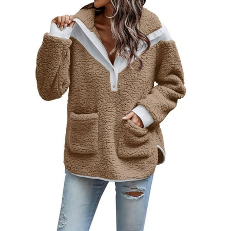 

nsendm Womens Contrast Button Sweatshirt Long Sleeve Pullover Jacket Maternity Anorak Coat Khaki X-Large