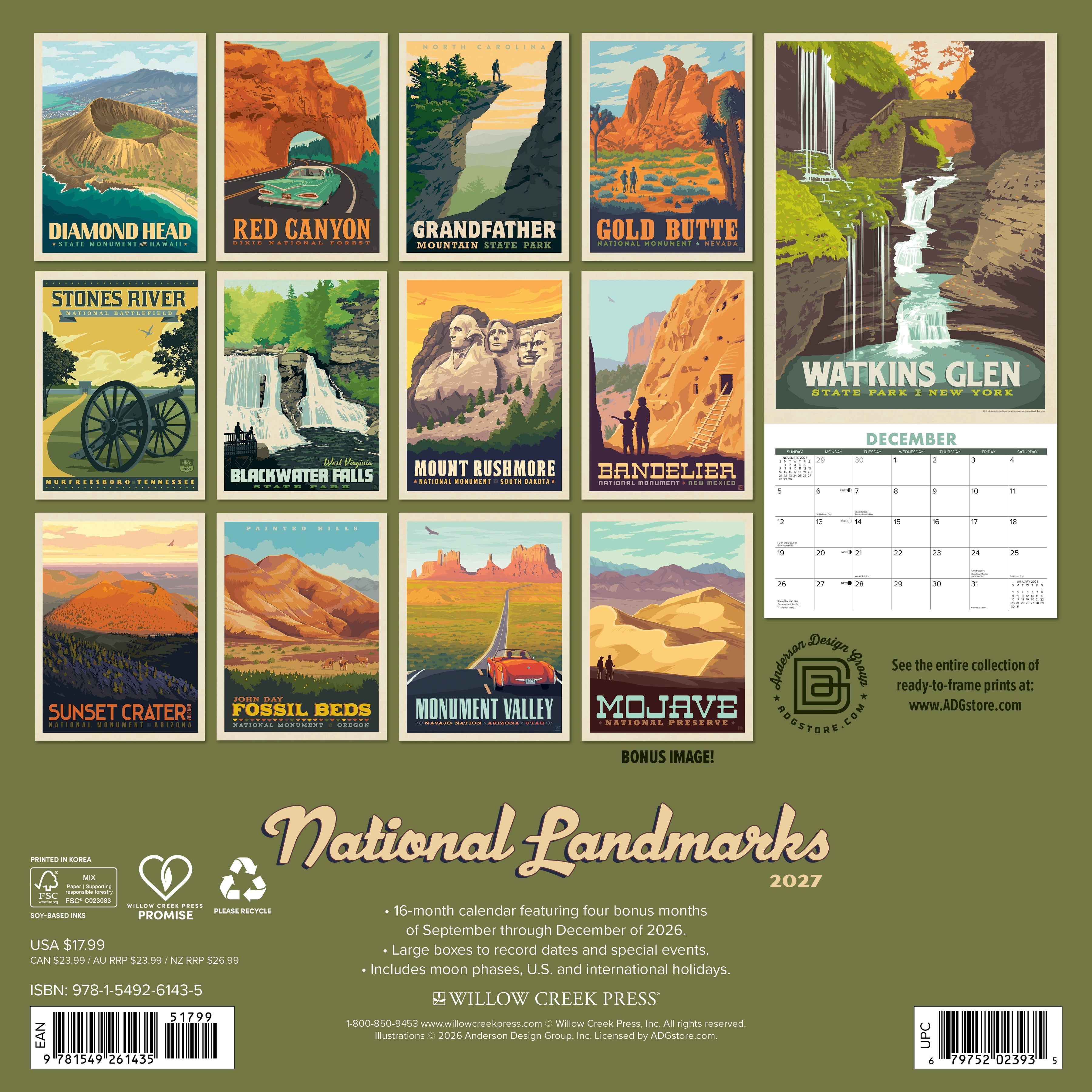 Willow Creek Press, National Landmarks (ADG) 2027 Wall Calendar