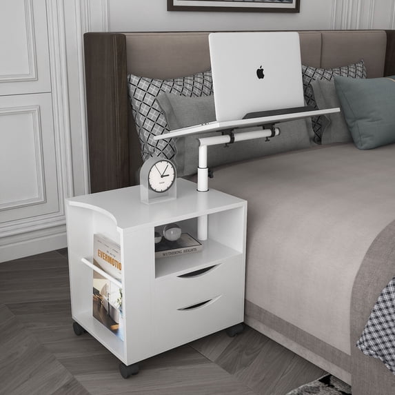 Euroco Height Adjustable Nightstand Overbed End Table with Swivel Top, Wood Bedside Table with Wheels for Bedroom, White