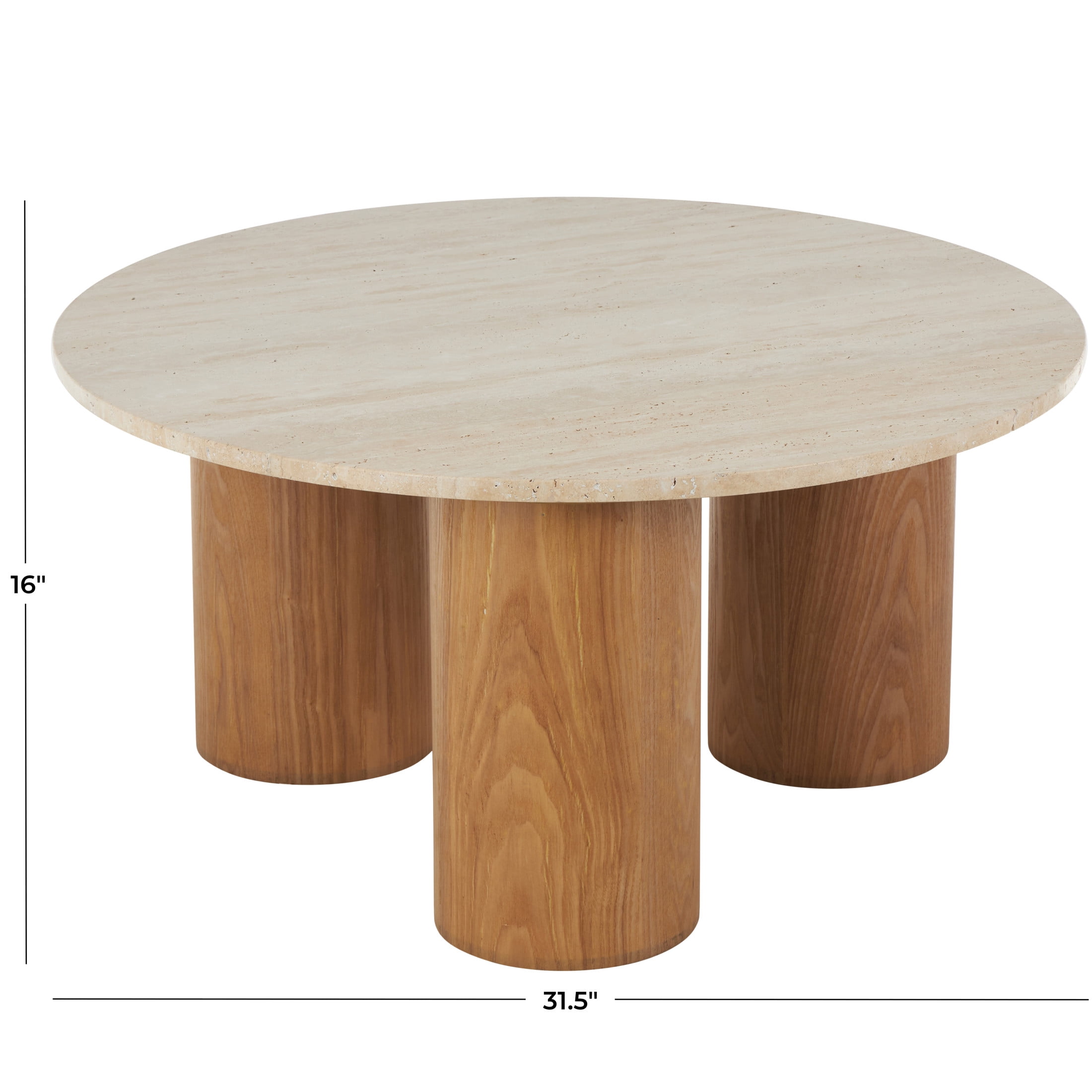 DecMode 32" x 16" Brown Wood Coffee Table with Beige Round Marble Top, 1-Piece