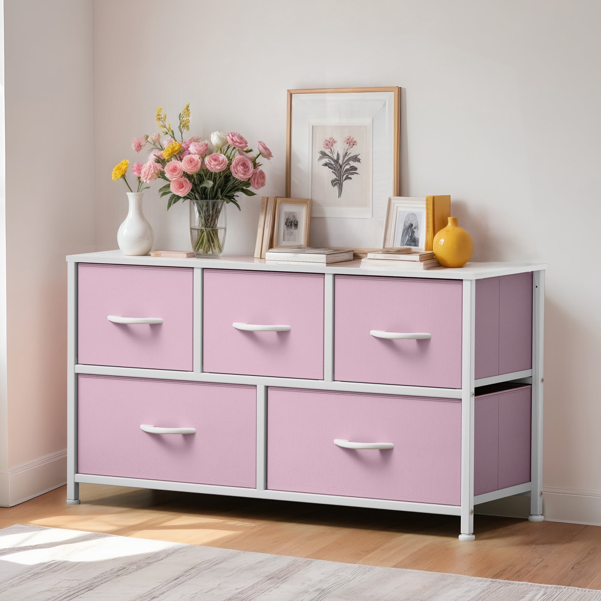 ModFusion 5-Drawer Fabric Dresser – Pink Storage Organizer for Adults & Teens, Bedroom & Living Room