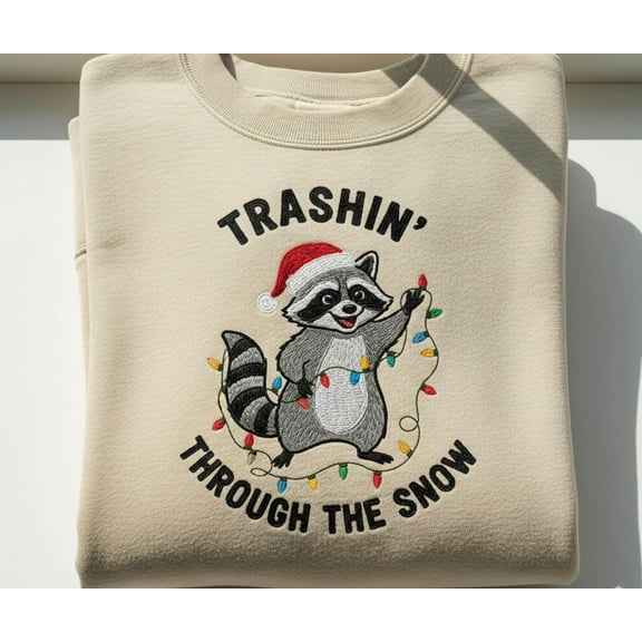 Embroidered Raccoon Christmas Sweatshirt: Funny Holiday Animal Sweater