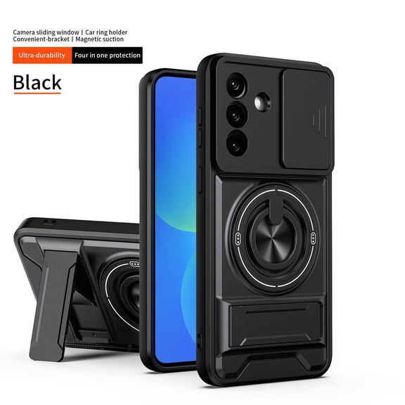 Dteck Magnetic Case for Samsung Galaxy A17 5G,Shockproof TPU PC Slide Lens Protection Case Compatible with Mag Safe Ring Holder Hidden Kickstand Back Cover,Black