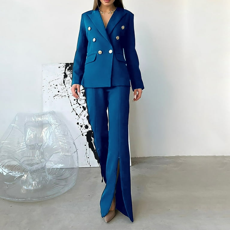 Womens Business Work Suit Set Long Sleeve Single Breasted Blazer with Split  Wide Leg Suit Pants Office Formal Suit Sets