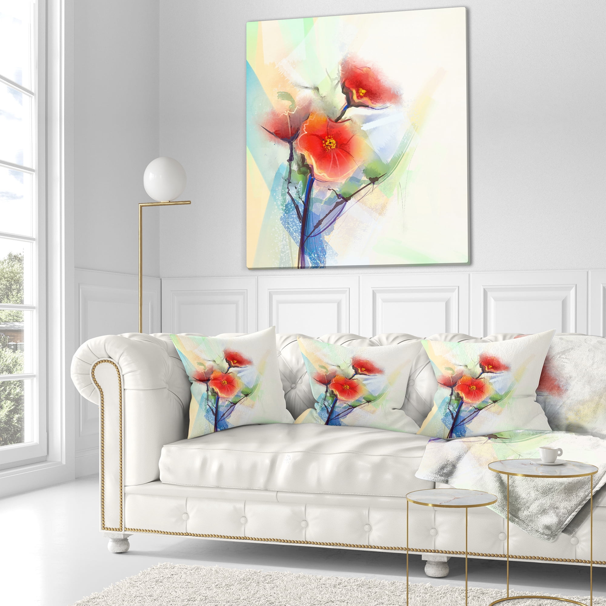Designart Red Poppy Flowers on Grunge Back - Floral Throw Pillow - 18x18