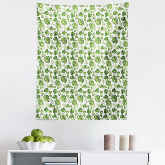 Leaves Tapestry, Monstera and Fern Foliage Composition with Vines Hawaii Tropical Nature, Fabric Wall Hanging Decor for Bedroom Living Room Dorm, 5 Sizes, Green Pale Green White, by Ambesonne