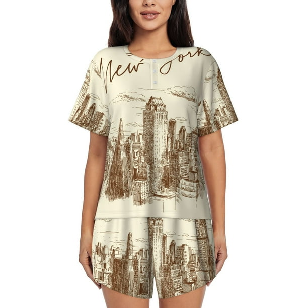 Fotbe New York Conjunto de Pijama Estampado para Mujer, 2 Piezas, Ropa de Dormir con Camiseta de Manga Corta y Shorts Suaves-Medium