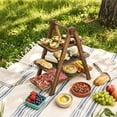 thumbnail image 2 of 3-Tier Collapsible Wooden Serving Tray Rack – Rustic Multi-Layer Display Stand with Handle, Detachable Deli Platter Board – Space-Saving Pyramid-Style Kitchen Organizer for Countertop, Dessert, 2 of 7