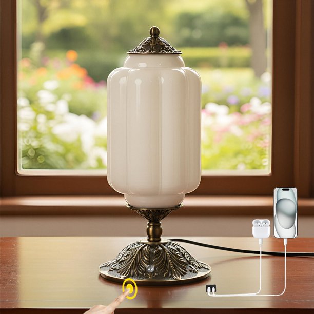 Lámpara de mesa vintage de vidrio YESIDS con atenuación táctil de 3 niveles y USB