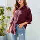 thumbnail image 4 of Camisa informal con botones para mujer, blusa holgada de manga larga con cuello vuelto, Tops con bolsillo para trabajo de oficina, color burdeos L, 4 of 7