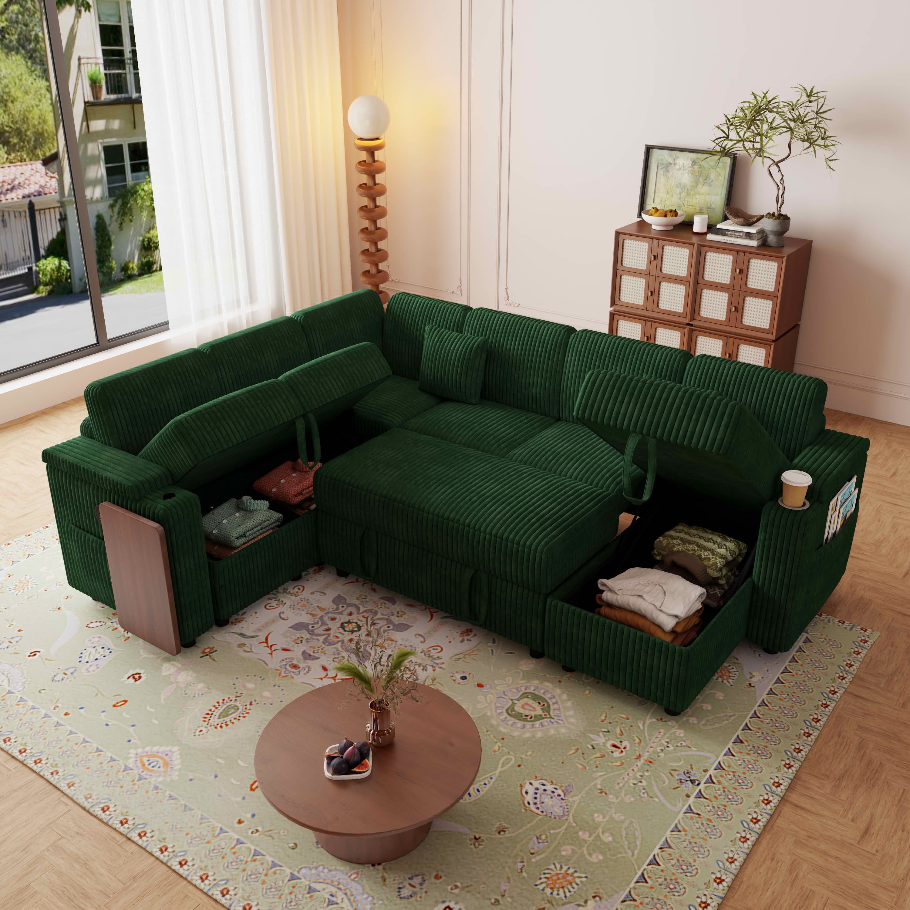 MAYEERTY 100-Inch Green Corduroy 7-Seat U-Shaped Pull-Out Sofa Bed, Modular Sectional Couch with USB Ports, Cup Holder & Storage