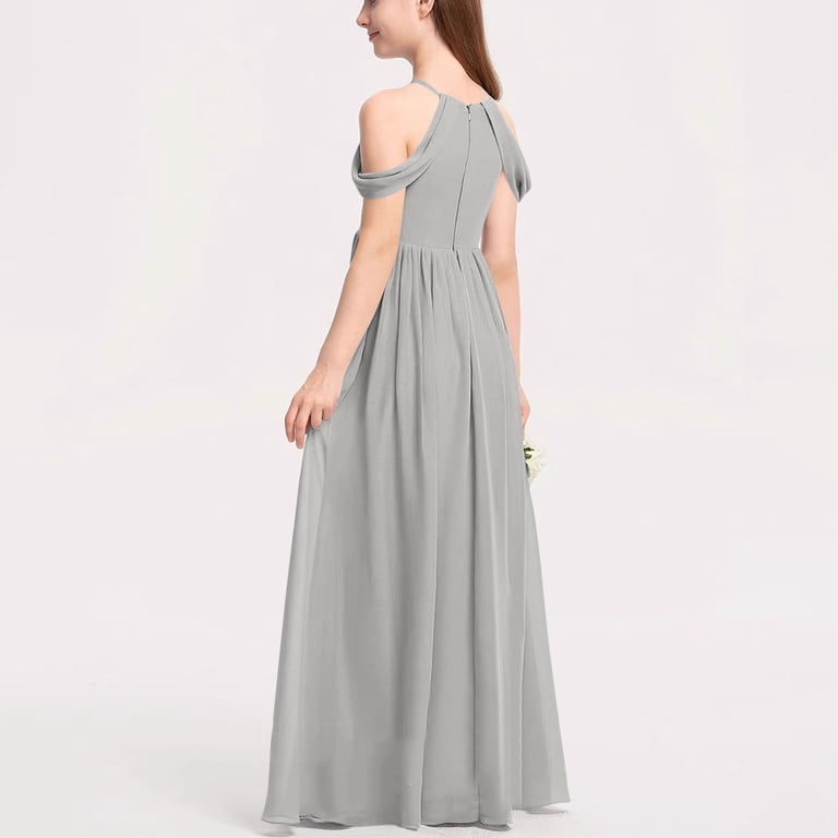 silver junior dresses Moocorvic Off Shoulder A-Line Girls Dresses Junior Bridesmaid Dress for Wedding Ruffles Flower Halter Party Pageant Gowns 10-11Years,Silver, Infant