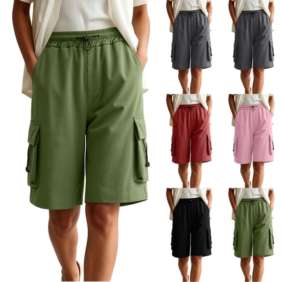 Outdoor Cargo Shorts for Women Ihhxva Relaxed Fit Multi-Pocket Elastic Waist Adjustable Solid Color Casual Work S-3XL