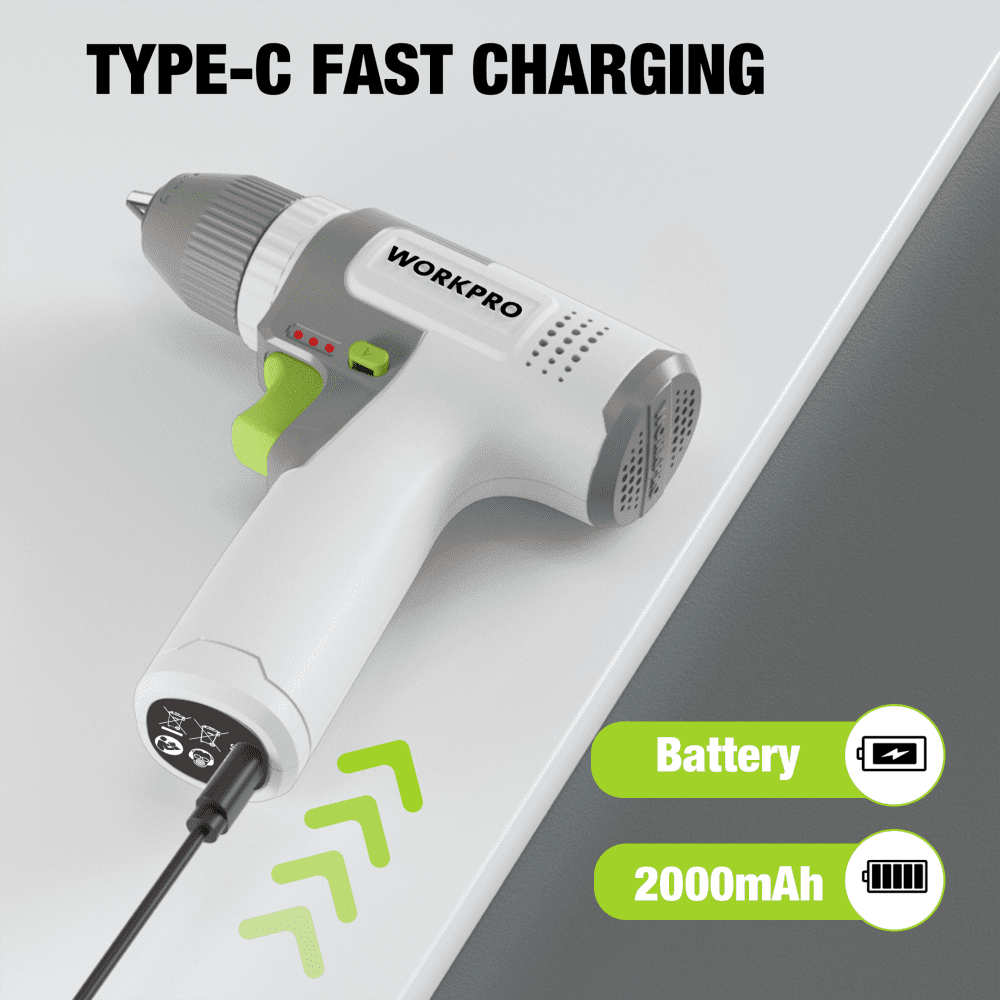 WORKPRO Cordless 8V Drill Driver Set, 2Ah Electric Power Drill with 3/8'' Keyless Chuck, 15pcs Bits & 1 Type-C Charging Cord for Drilling and Screwing,White