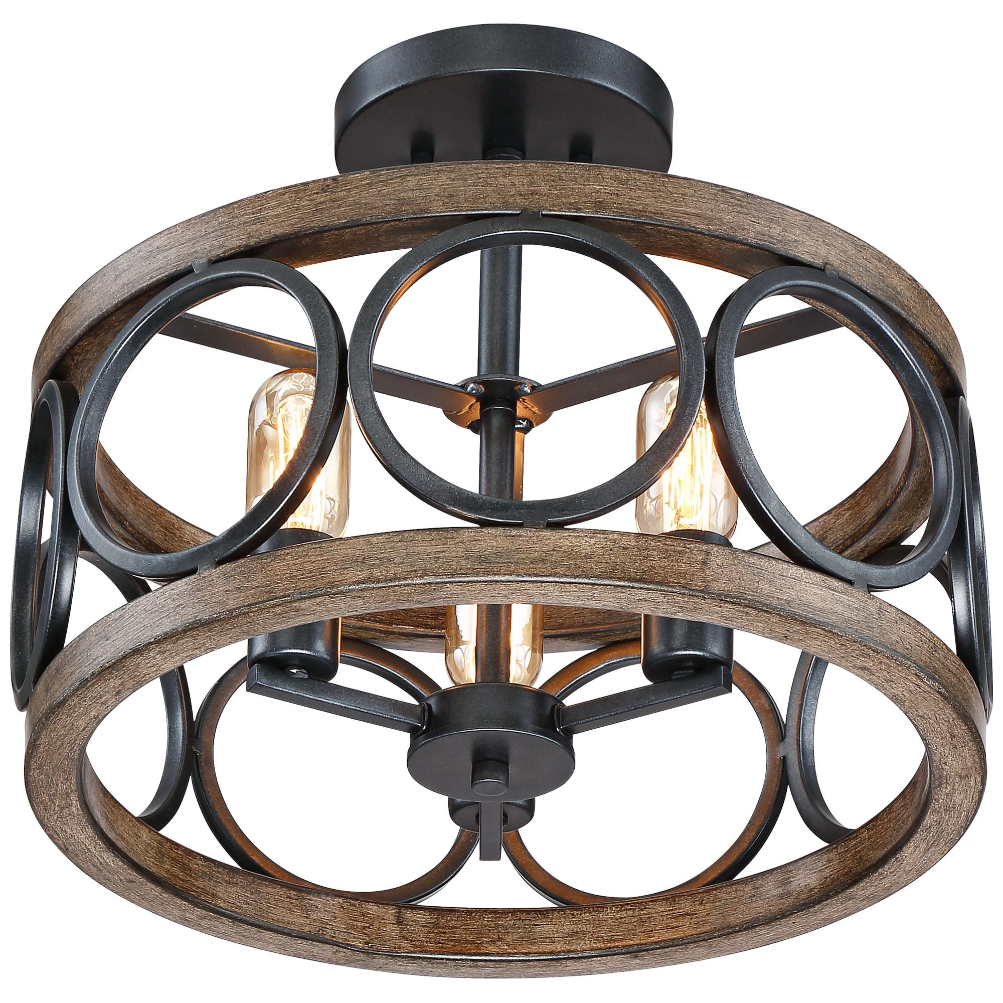 Franklin Iron Works Salima Rustic Farmhouse Ceiling Light Semi Flush Mount 16" Wide Black Faux Wood Grain 3-Light LED for Bedroom Kitchen Living Room