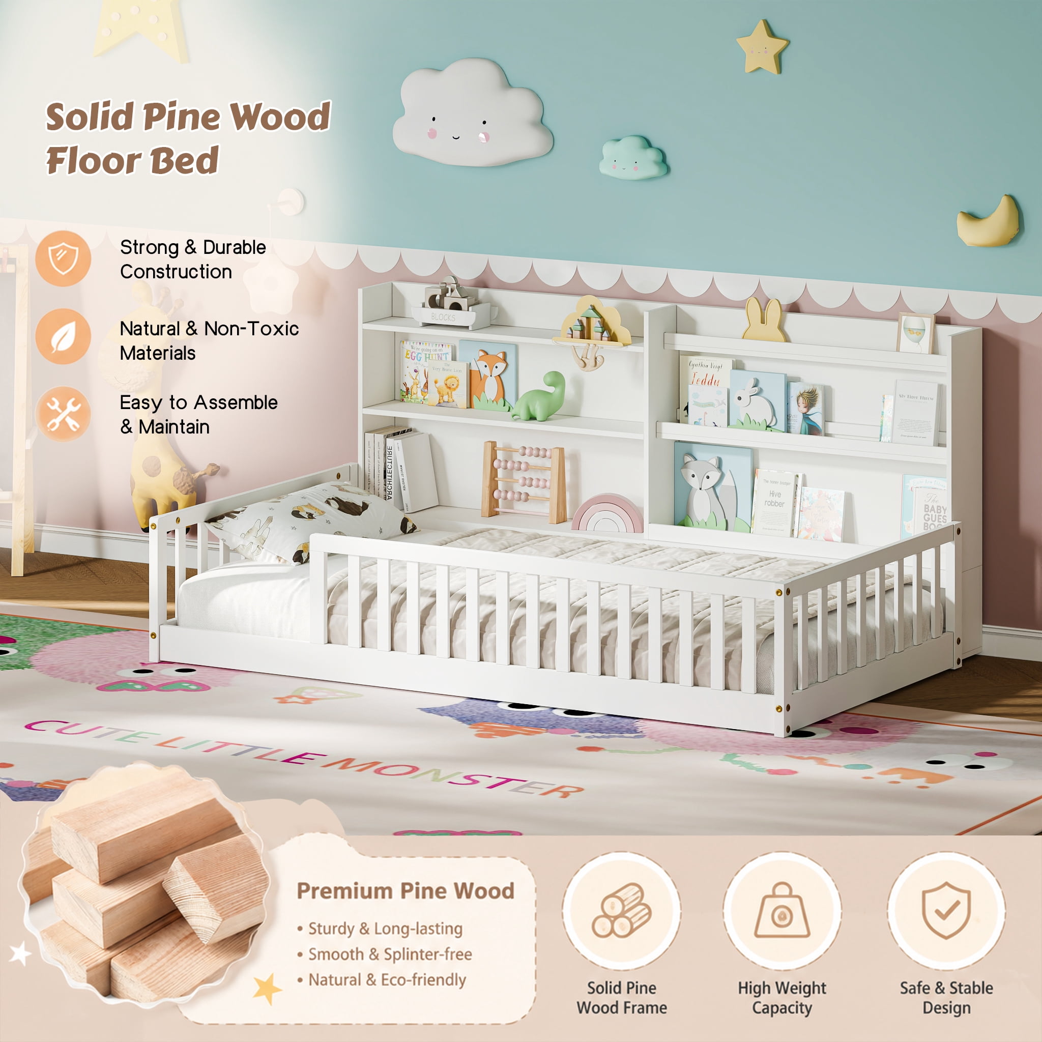Garitin Twin Floor Bed and Montessori Kids Bed 77.2 Inch, Solid Pine Wood Frame with Bookshelf and Safety Rails for Children Bedroom, White