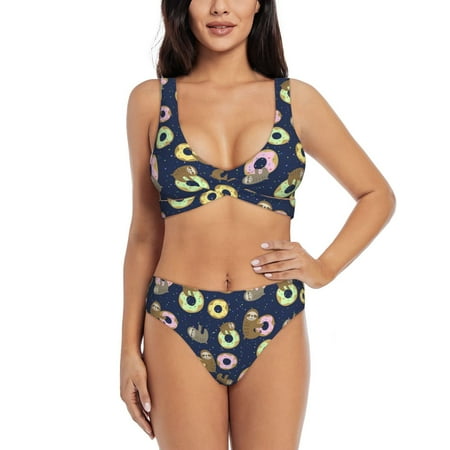 Zeuib Sloth with Donuts High Waisted Tummy Control Bikini Set - Knot Front Push Up Top & Cheeky Thong Bottom  Two-Piece Swimsuit for Women-Medium