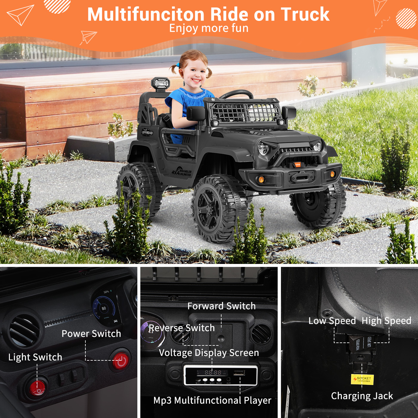 FUNTOK Kids 12V Electric Ride on Toy Car with Remote Control, Spring Suspension, DIY Stickers and Music Player