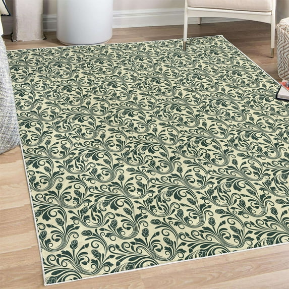 Floral Decorative Rug, Medieval Victorian Petals Baroque Blooms Swirls Flourish Spring Illustration, Quality Carpet for Bedroom Dorm and Living Room, 6 Sizes, Hunter Green, by Ambesonne