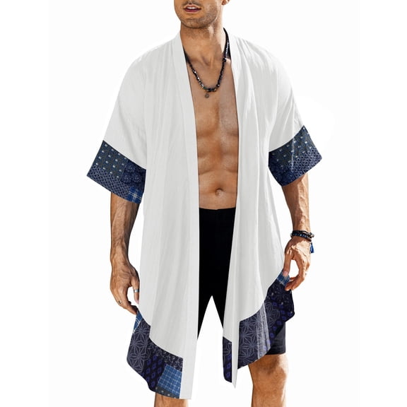COOFANDY Men's Cotton Linen Cardigan Kimono Style Poncho Cloak Open Front Cape