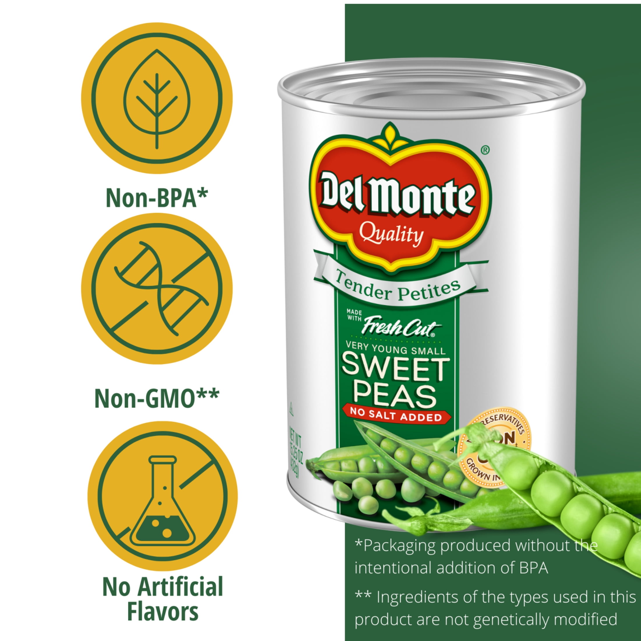 (4 pack) Del Monte Tender Petites Very Young Small Sweet Peas, No Salt Added, 15.25 oz. Can