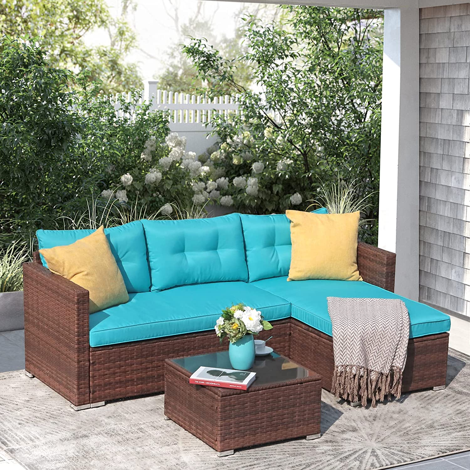 OC Orange-Casual 5-Piece Patio Furniture Set, All-Weather Outdoor Sectional Sofa, with Glass Coffee Table for Deck Balcony Porch, Brown Rattan & Turquoise Cushion - image 7 of 8