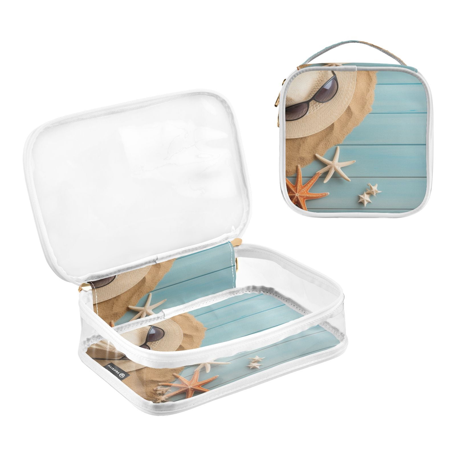 Clear Makeup Bags with Handle Large Opening 2 Pack Set Toiletry Bag Quart Size Bag, for Women Man Traveling Travel Essentials, Toiletries and Other. Holiday Beach Starfish