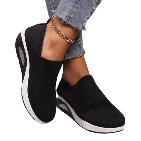 Domuza Orthopedic Shoes for Women Arch Support Non Slip Slip on Nurse Shoes Lightweight Knitted Mesh Stretch Business Casual Shoes Comfortable 2026 New Foam Shoes Black 6.5(EU-37)