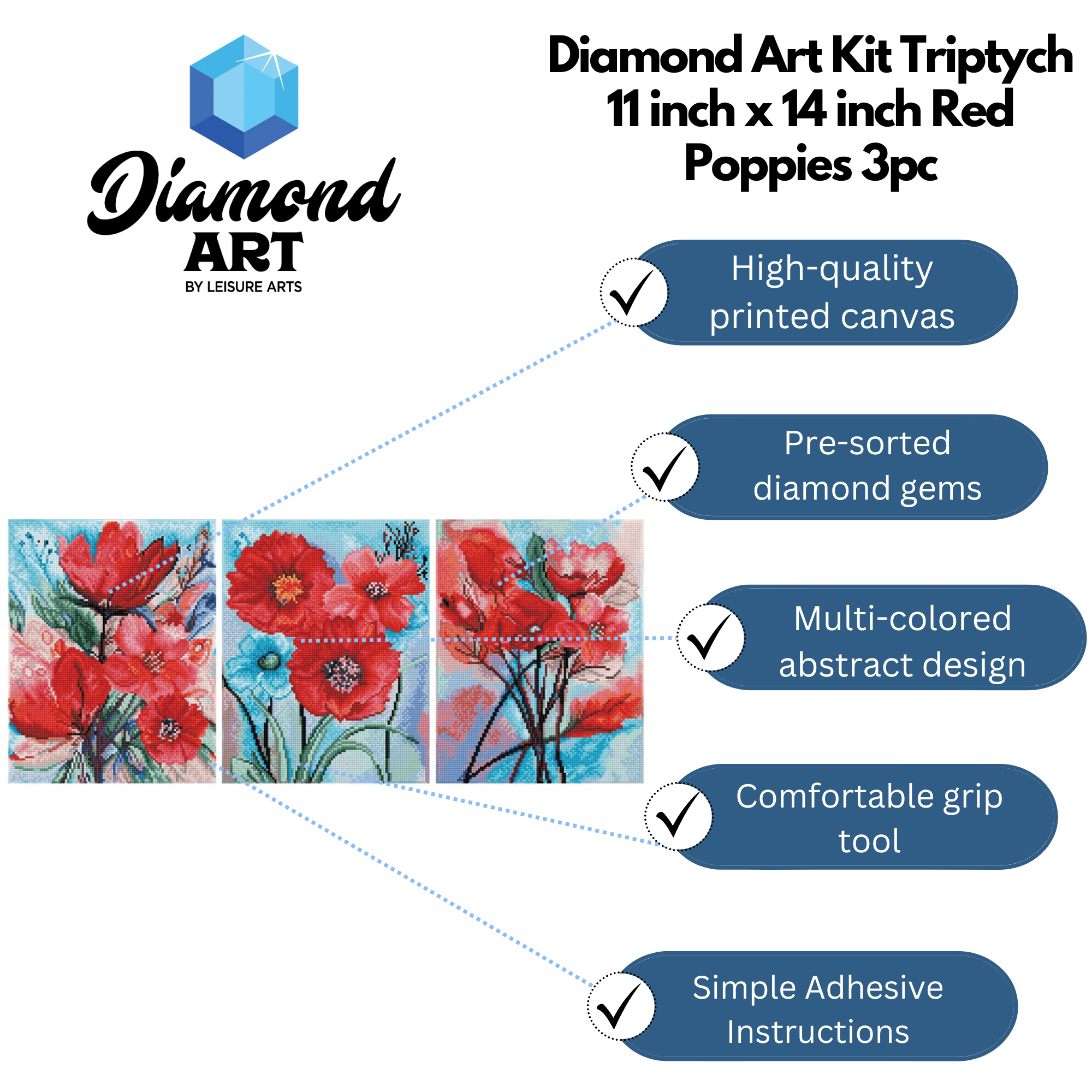 Diamond Art By Leisure Arts Diamond Painting Kits For Adults 11"X14" Advanced Triptych Red Poppies, Set Of 3, Full Drill, Art Kits, Dimond Art, For Adults