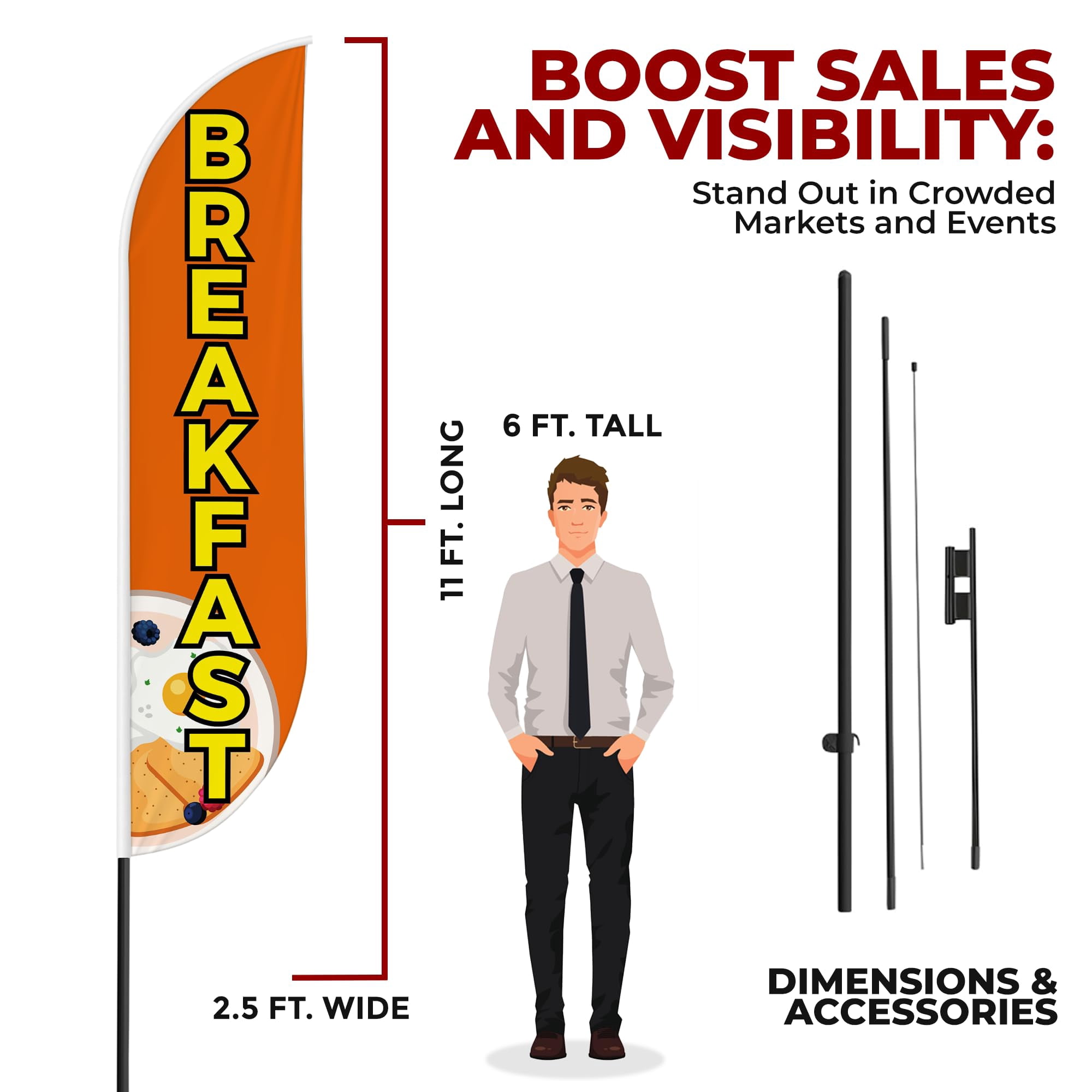 Breakfast Sign feather flag Pole Mount for Outdoor by Mavis Print | 15 FEET Long Polyester Outdoor Banner Flag with Pole Kit for Easy Hang | HD Print Swooper Flag Pole Mount for Food Advertising a