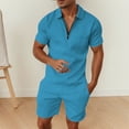 thumbnail image 2 of MNCEKFOD Mens Short Sets 2 Piece Outfits Summer Short Sleeve Zipper V Neck Shirts with Pockets Drawstring Shorts Leisure Tracksuit Sky Blue L, 2 of 6