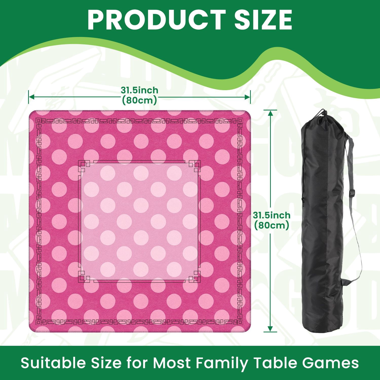 Mahjong Mat 31.5" x 31.5" Pink Polka Dot Vibrant Pink Non-Slip Noise Reduction American Mahjong Tiles Table Cover for Dominoes Poker Card Board Games Gift