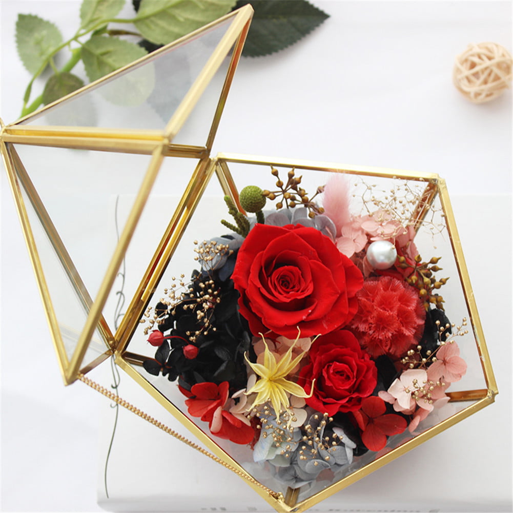 Geometric Glass Jewelry Display Flower Box Florist Gift Ornament Desktop Brass 