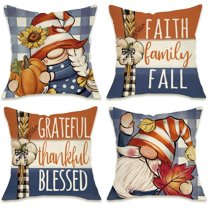 Thanksgiving Gnome Decorative Throw Pillow Covers 18 x 18 Set of 4, Grateful Thankful Blessed Porch Patio Outdoor Pillowcase, Faith Family Fall Autumn Plaid Farmhouse Cushion Case Home Decor
