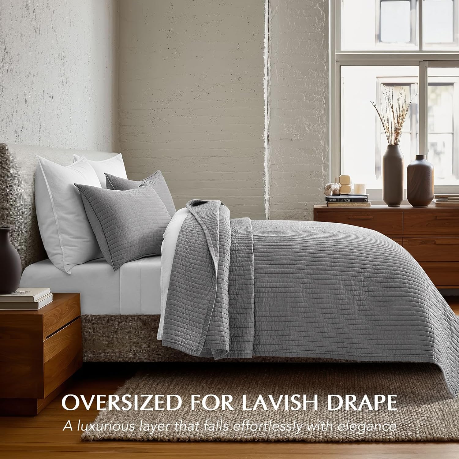 EVERGRACE Cotton Sateen Quilt Set King Size, Pre-Washed Cotton Channel Stitch Coverlet Bedspread, 3 Pieces Lightweight Soft Bedding Sets for All Season, with 2 Pillow Shams, Fog Gray