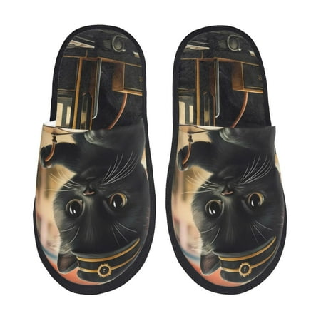 

Honeii Adorable Kitten On Mini Train Print Furry Slippers Bedroom Slippers for Women and Men Fuzzy Plush Comfy Faux Fur Lined Slide Shoes -Large