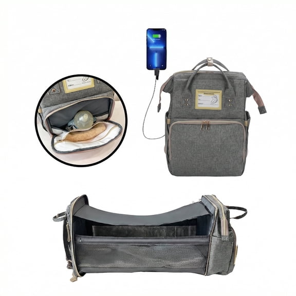Diaper Bag Backpack, Multifunctional Baby Changing Bag with Foldable Crib and Insulated Bottle Pockets, a Must-Have for Baby Travel, with USB Charging Port and Stroller Straps (Gray)