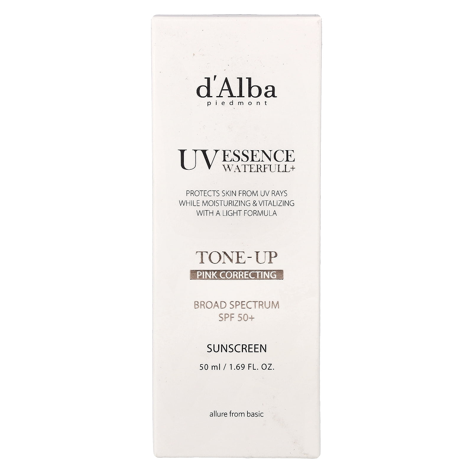 d'Alba UV Essence Waterfull+ Sunscreen, Tone-Up Pink Correcting, SPF 50+, 1.69 fl oz (50 ml)