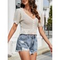 thumbnail image 2 of Jersey de mujer, Top corto de punto para mujer, cuello en V, manga corta, espalda abierta, Tops casu Abanopi Beige/Grande, 2 of 7