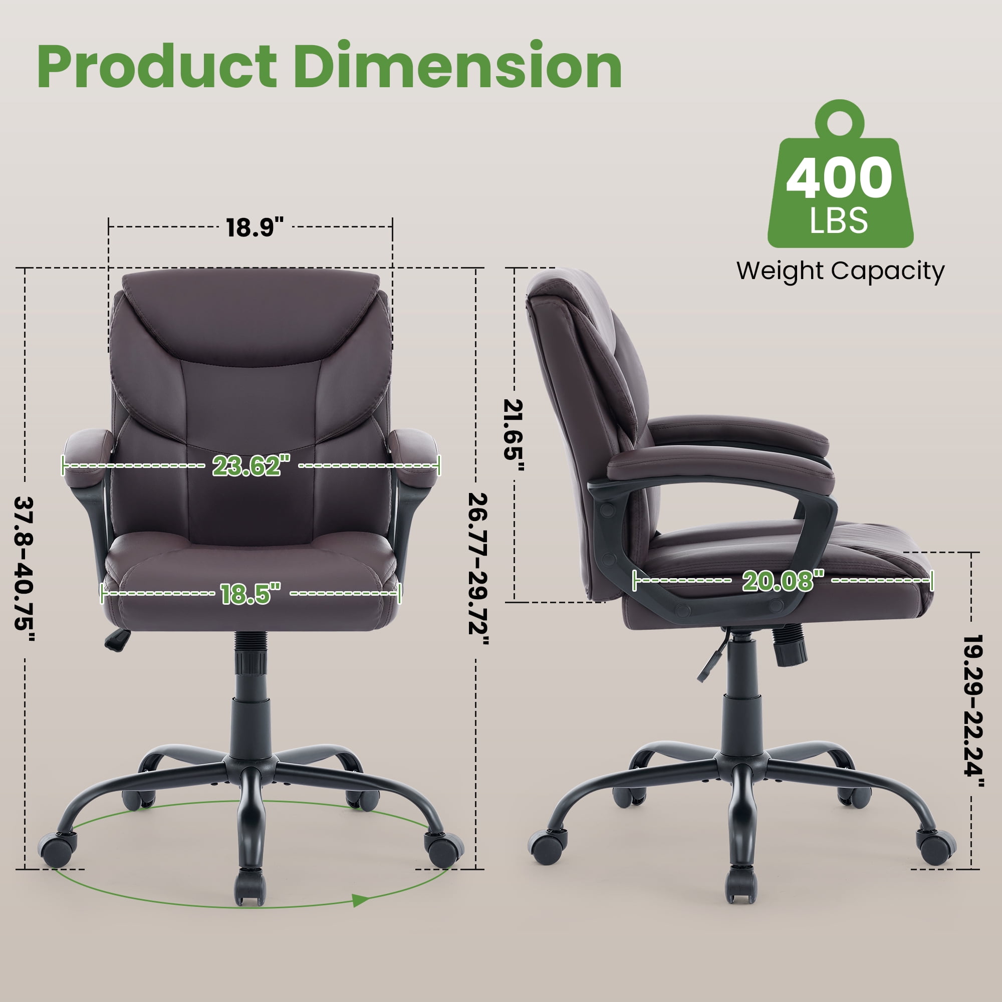 JONPONY Leather Office Chair, Big and Tall 400lbs Ergonomic Desk Chairs with Back Support, Executive Leather Chair with Wheels for Home Office, 360°Swivel Free, Brown