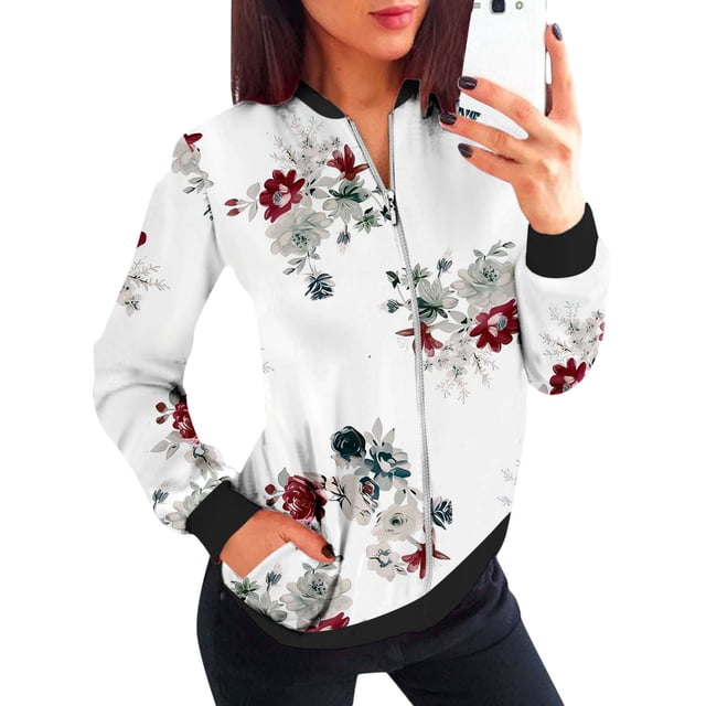 Gibobby Chaqueta de estilo clásico Chaquetas diarias informales para mujer, chaqueta informal ligera con cremallera, abrigo con estampado Floral, cuello levantado, prendas de vestir (Blanco, L)